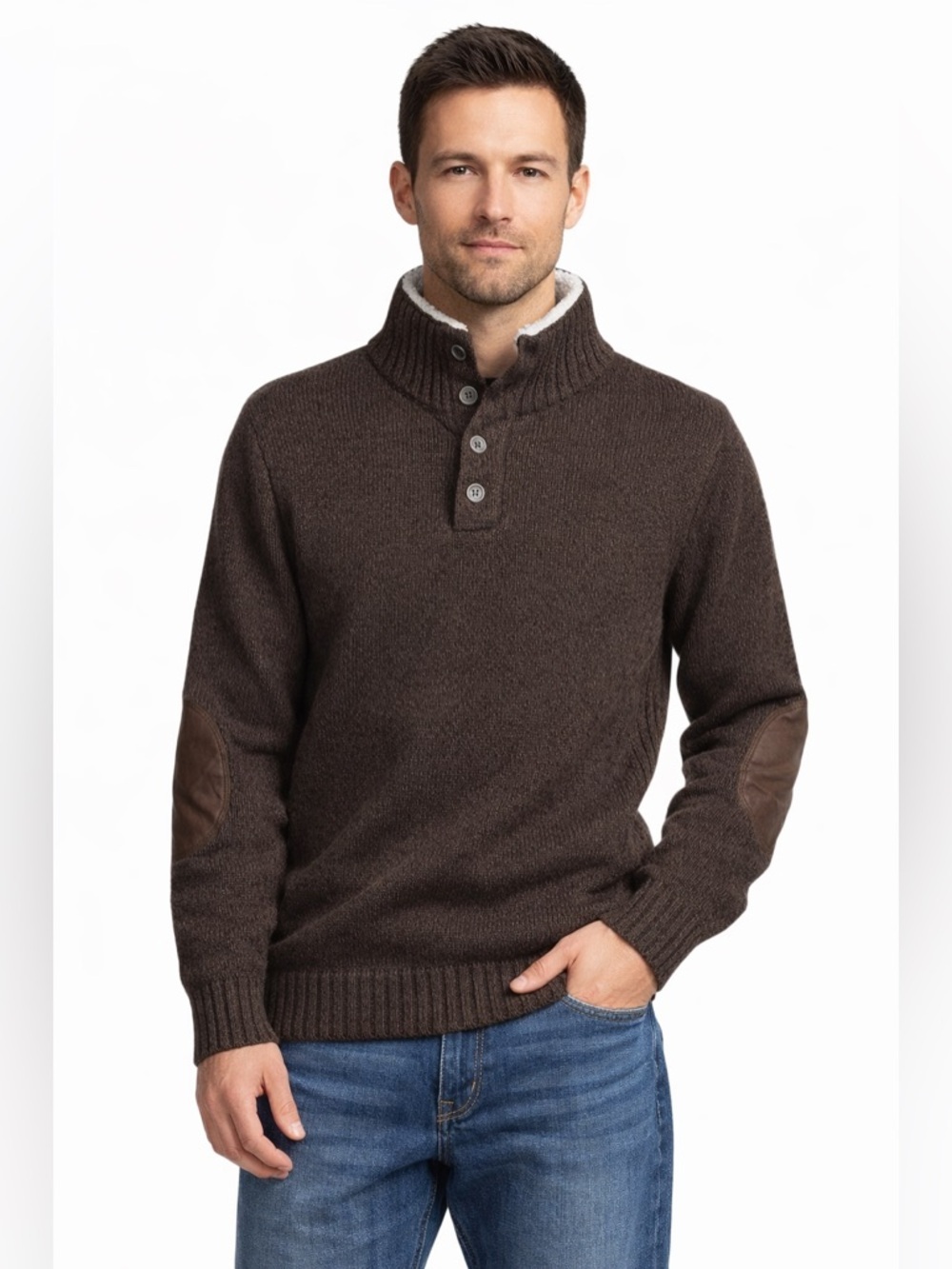 Gap Brown Sherpa Button Neck Sweater Leather Elbow Patch Cozy Knit Pullover M